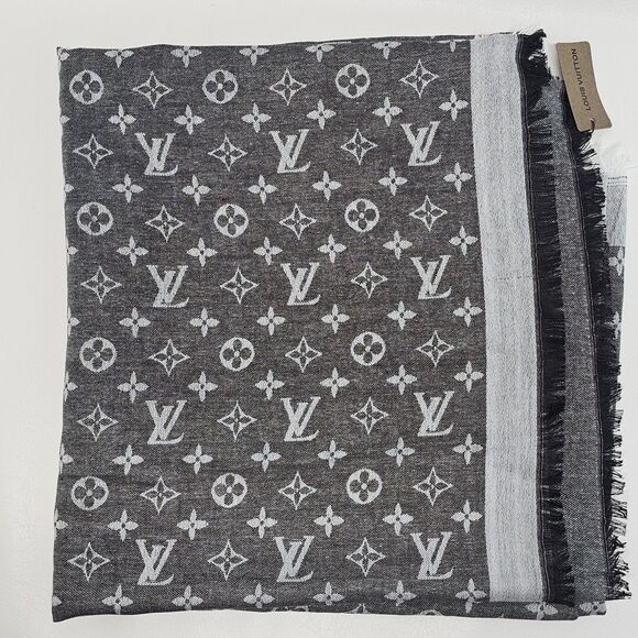 Louis Vuitton Silk/Wool Monogram Scarf Shawl Stole Black/Gray Made in Italy - Picture 7 of 16